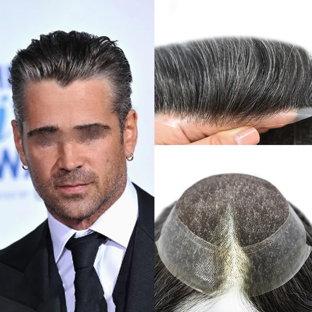 Toupee for Men Hair Piece Soft French Lace Mens Toupee Human Hair Replacement Men Hair System Natural Hair Wave Men Hair Units 7X9"-120% density #1B30 Off Black with 30% Gray