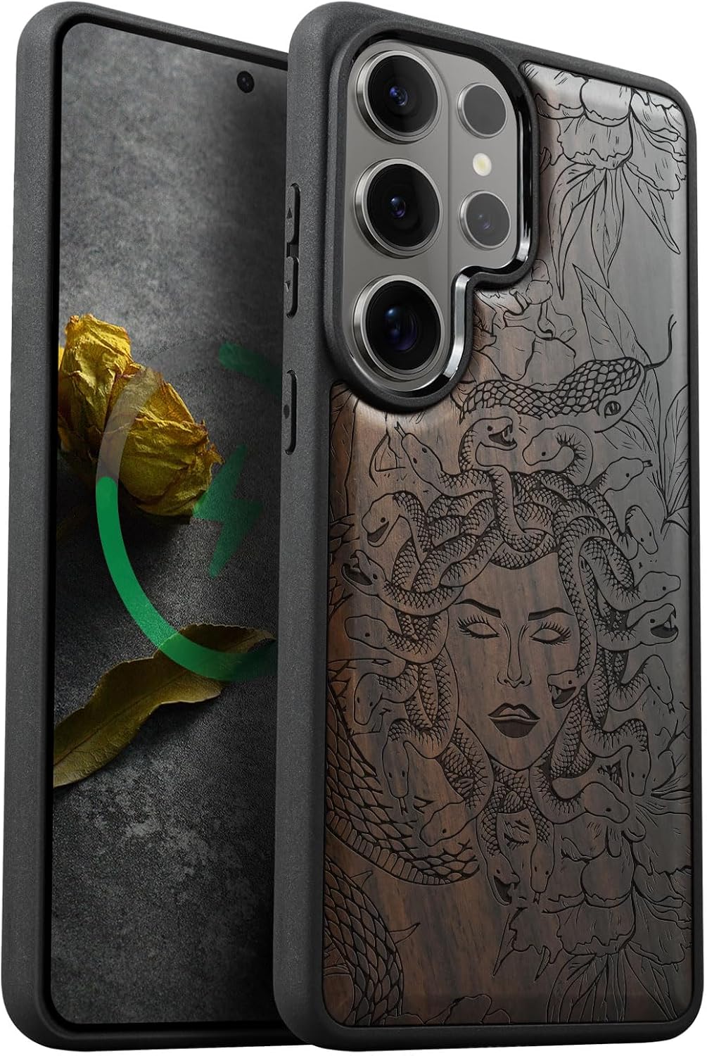 Carveit Magnetic Wooden Case for Samsung Galaxy S26 Ultra Case 2026, TPU Shockproof Cover & Wood Artisan Engraved, Compatible with MagSafe Wireless Chargers (Medusa Enigma) Blackwood
