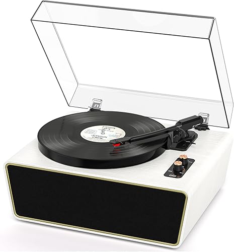 Tocadiscos de vinilo de tamaño completo, tocadiscos Bluetooth de 3 velocidades con lápiz Ruby, contrapeso ajustable, 4 altavoces estéreo integrados,
