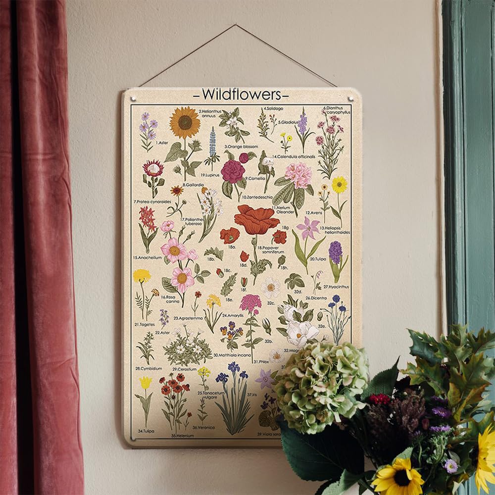 Vintage Botanical Prints Floral Wall Decor Wildflowers Poster Metal Tin Sign, Botanical Wall Art Nature Wall Decor Flower Wall Art Boho Decor Plant Poster, 12x8 Inches Retro Tin Signs Vintage Wall