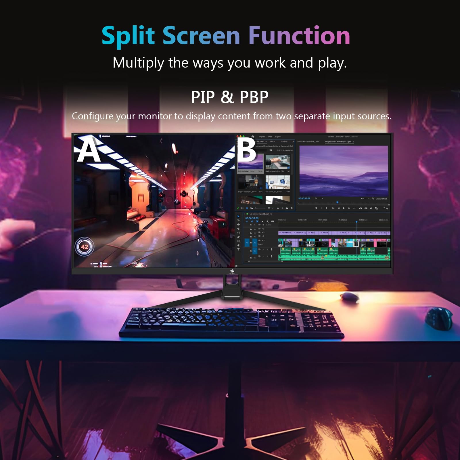 Z-Edge Monitor PC Gaming 34'', UWQHD(3440x1440), 165Hz, IPS Pannello, 1ms, Schermo Ultra Ampio 21:9, FreeSync, Inclinazione Regolabile, 2× DP1.4 & HDMI2.0 & USB, RGB, VESA 75 * 75mm(Cavo DP Incluso)