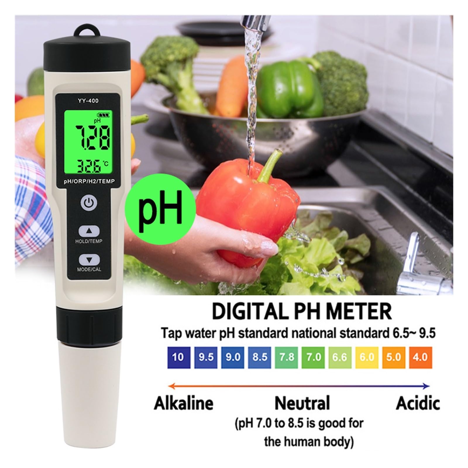4 In1 H2/PH/ORP/Temp Misuratore di qualità Acqua Tester for Piscine Acquari Potabile Penna Misurazione Ricca Idrogeno Rilevamento Rapido E Preciso(Wth Backlight)