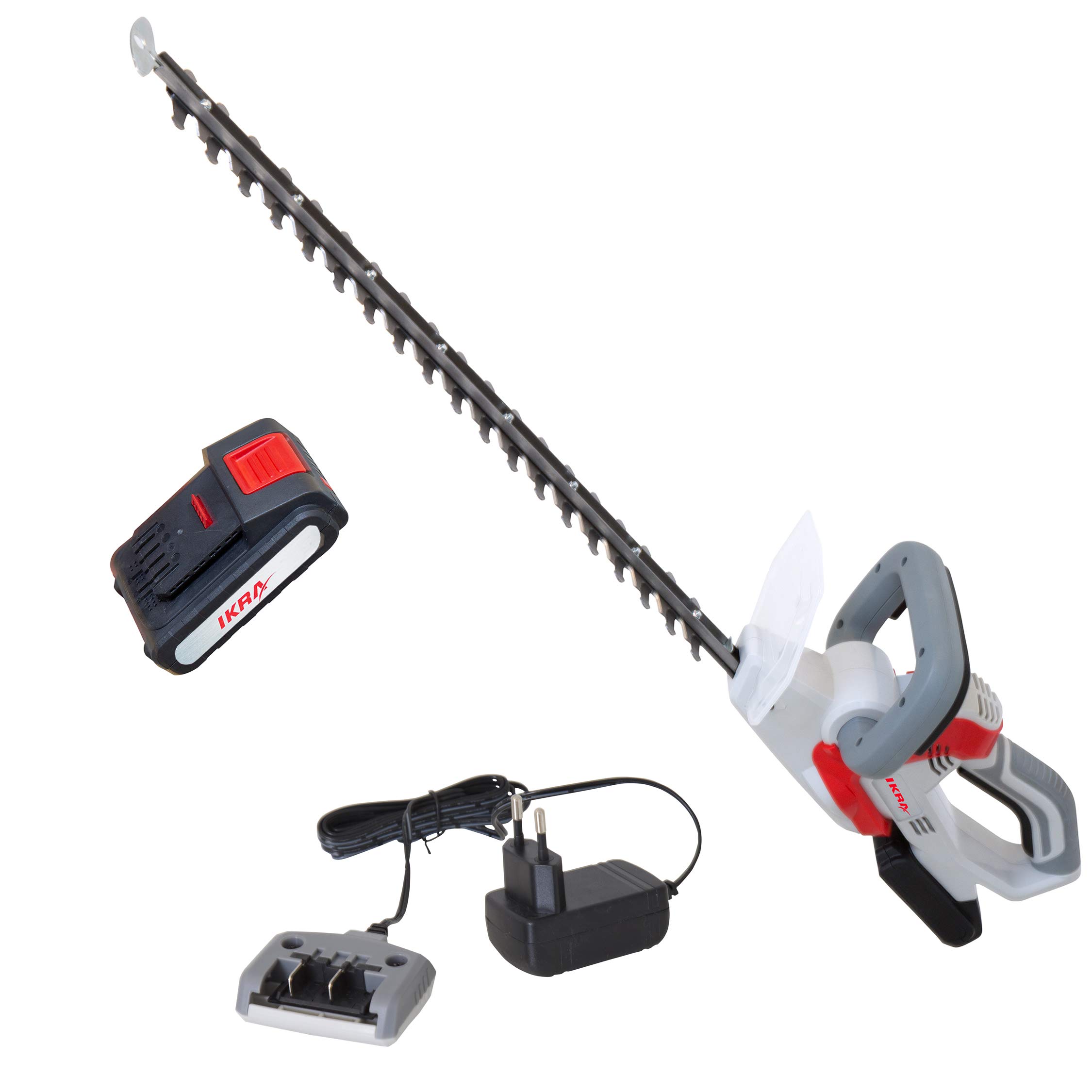 IKRA Cortasetos IAHS 20-1, con batería de 20 V y 2,0 Ah y Cargador | Longitud de corte 54 cm, grosor de corte 18 mm, cuchilla con protección contra golpes, gama de baterías de 20 V de IKRA