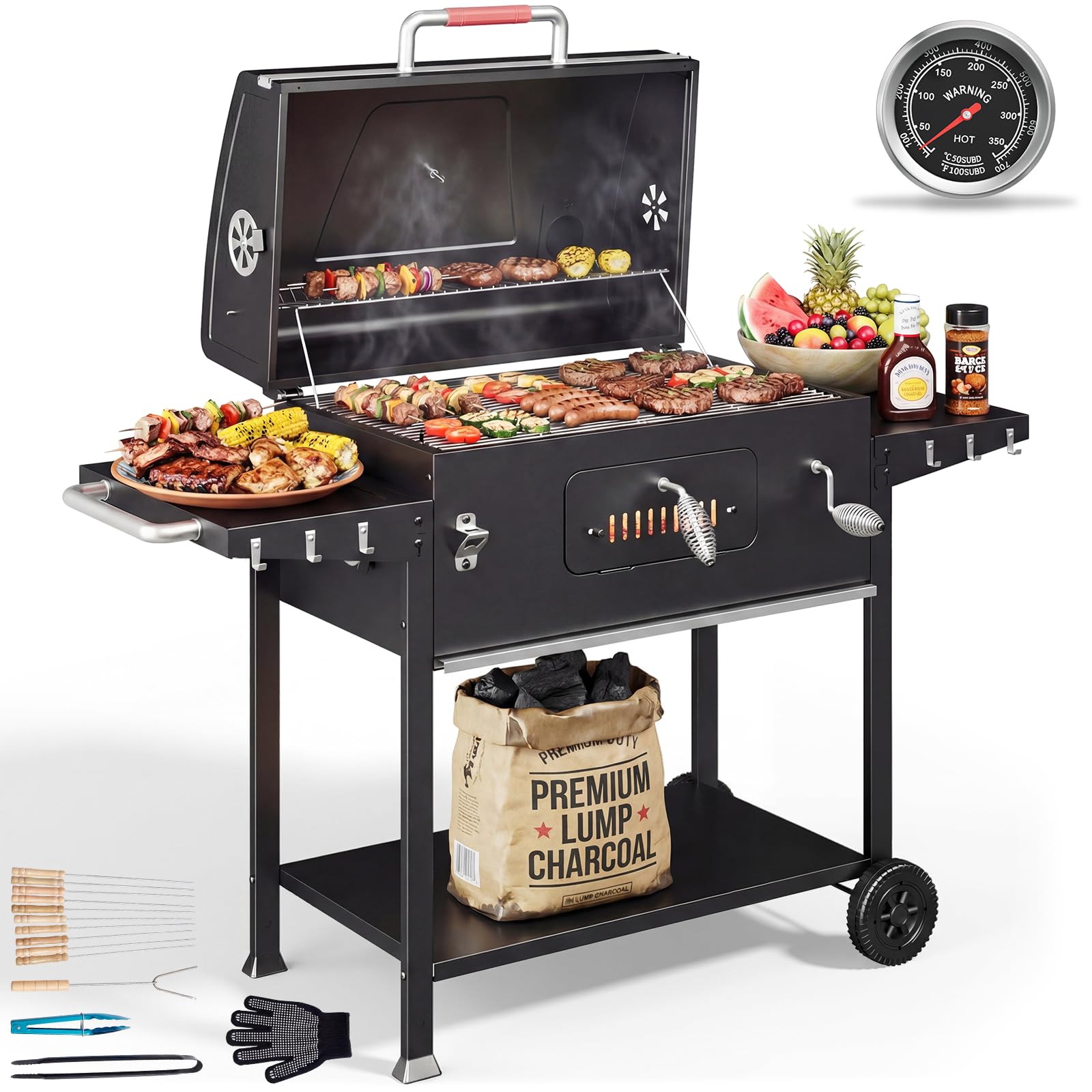DEVOKO Holzkohlegrill xxl, BBQ Holzkohlegrills mit deckel, Kohlegrill groß für Balkon, Garten, Outdoor, Barbecue grill inklusive 71 × 43 cm Grillrost/Thermometer/Küchenzange/Grillhandschuhe