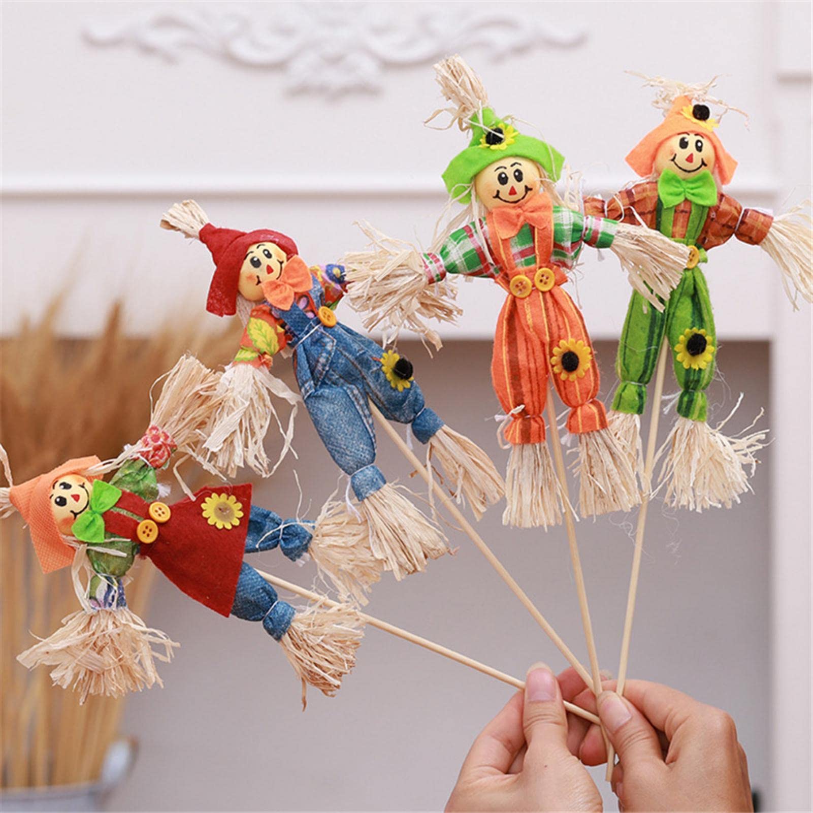 4 adornos lindos de espantapájaros de jardín de otoño, 34 cm, pequeños e interesantes, espantapájaros de pie, elegante, hogar, centro comercial, bar, decoración de fiesta de Halloween, color