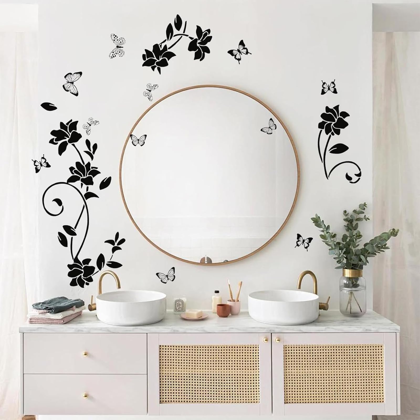 2 Sets Stickers Muraux Noir Design Moderne Fleurs Vigne et Papillons Autocollant PVC Autocollant pour Decoration Miroir Glass Fenêtre Surface Lisse Salon Chambre Salle de Bain Bureau 30x90cm