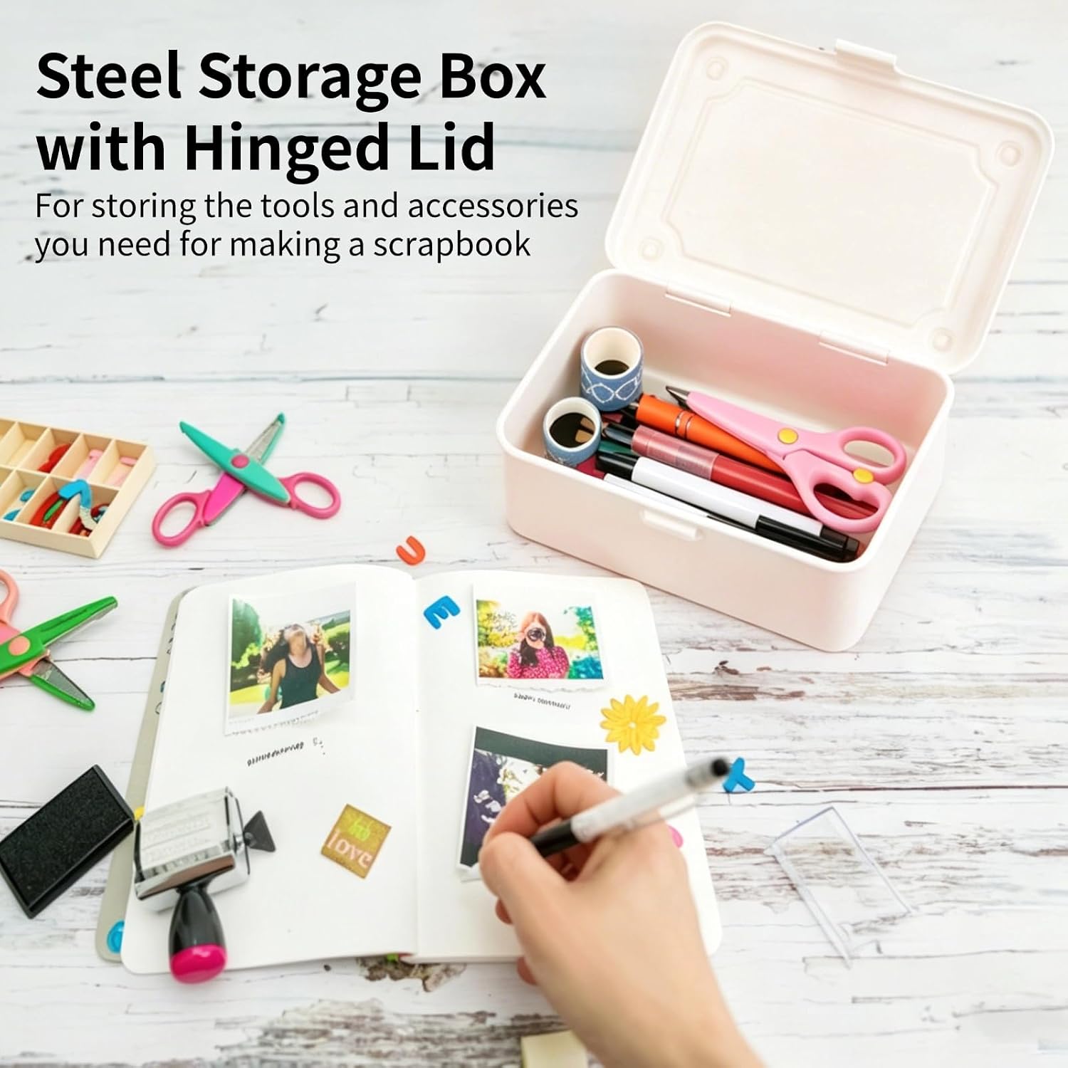 Small Metal Storage Box with Hinged Lid, Steel Organizer, Beige image 2