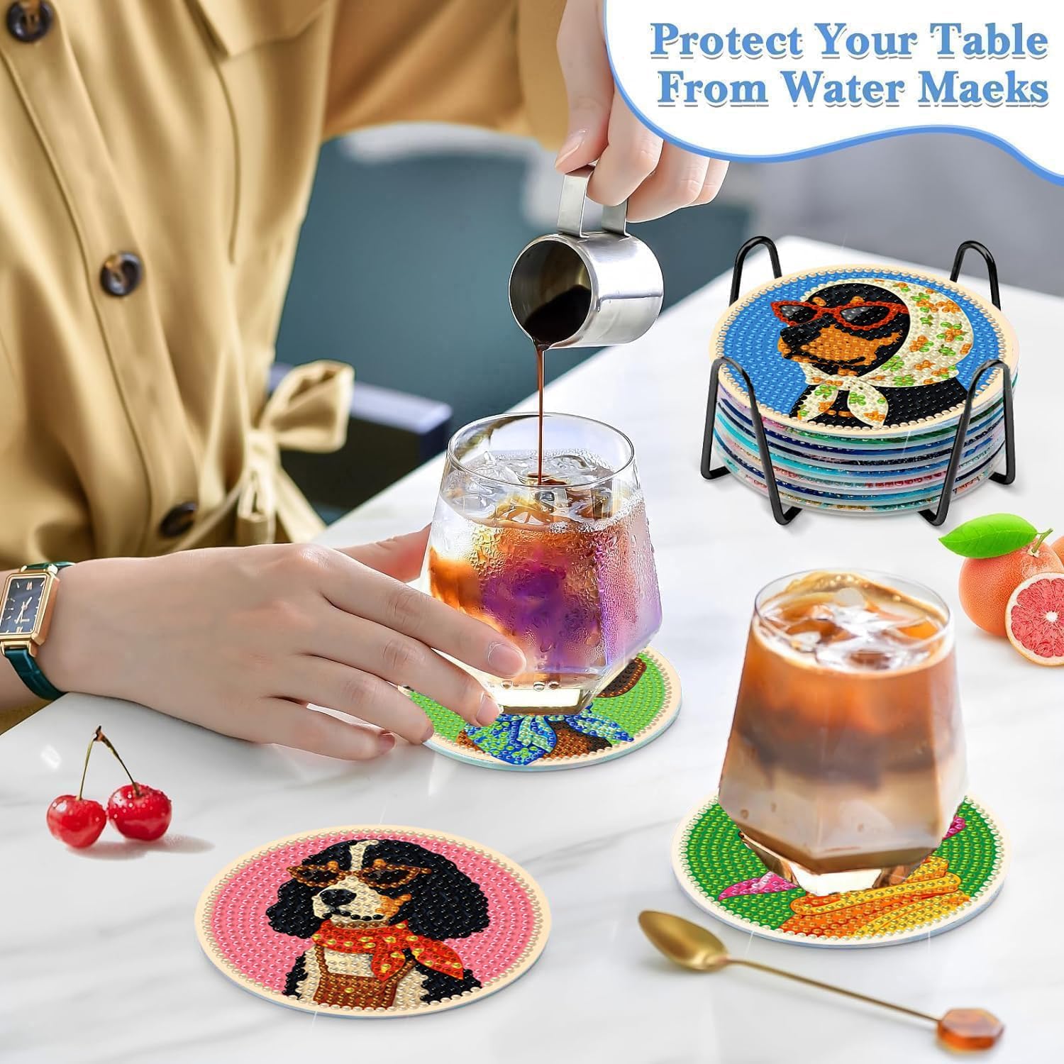 Puraikcmi 6pcs DIY Diamond Painting Kits Coasters with Holder, Diamond Art Coasters by Number for Kids and Adults Full Drill Round Mosaic Stitch Art Craft Supplies (Dog2)