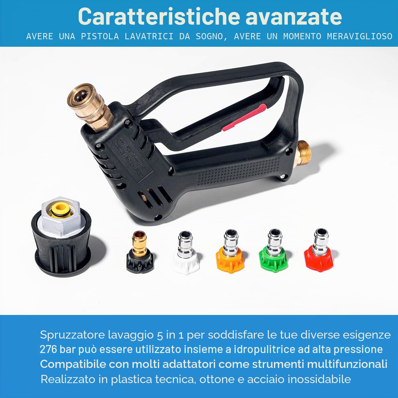 YUET Pistola Accessori per Idropulitrice 4350 PSI con 5 Ugelli d'acqua per Kärcher, Pistola per Lavaggio a Getto con Connettore Rapido da 1/4", Tubo di Raccordo M22 14MM