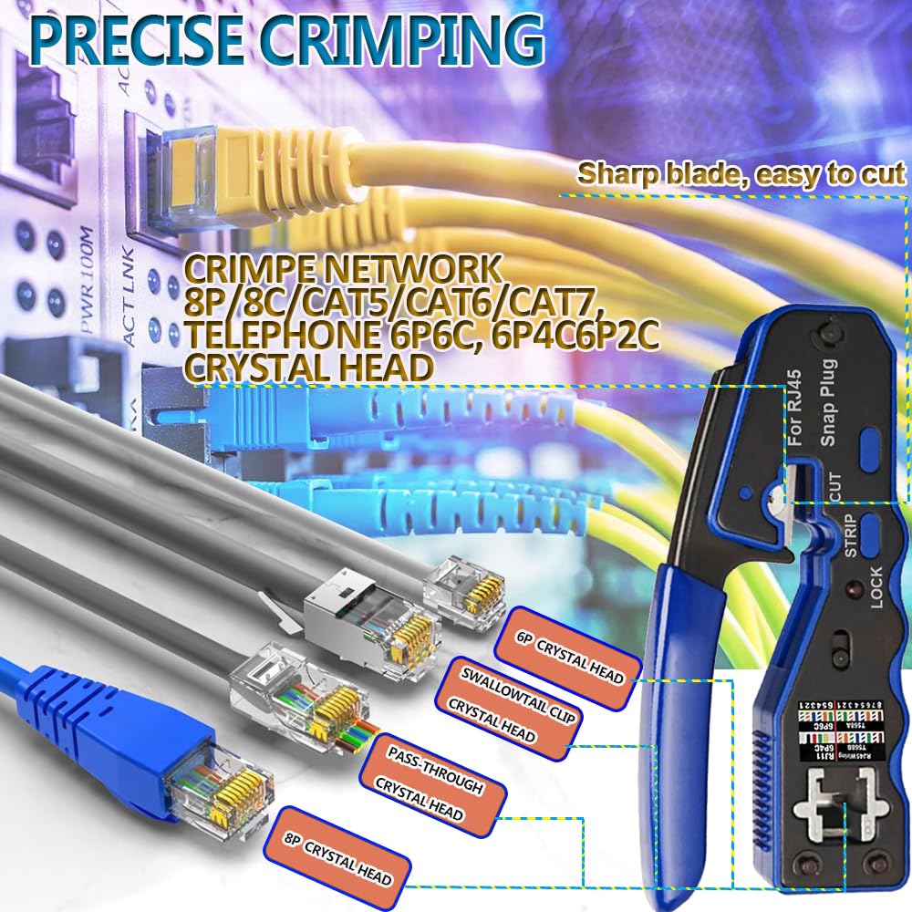 LEATBUY Ensemble d'outils à sertir RJ45 pour RJ11/RJ12 Cat5/Cat5e/Cat6 avec 50 connecteurs et 50 housses pour dénuder les câbles réseau (gris)