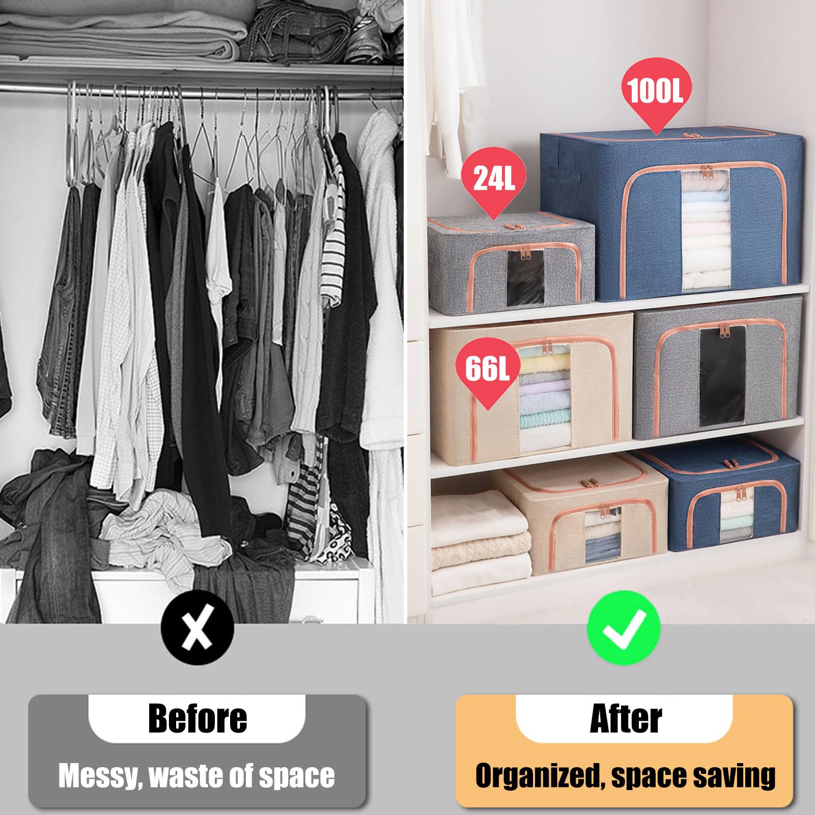 KXF Kleiderschrank-Aufbewahrungsboxen, 3 Packungen, 100 l, wasserdicht, stapelbar, faltbar, Oxford-Stoff, Stahlrahmen, Schrank, Kleidung, Aufbewahrungstasche, klares Fenster und Tragegriffe für