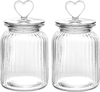 WHJY Set of 2 Airtight Glass Jars Decorative Jars, 32oz Jar of Hearts Cute Cookie Jar Decorative Jars with Lids Candy Jars for Candy Buffet Heart Shaped Lid - Stripes Textured