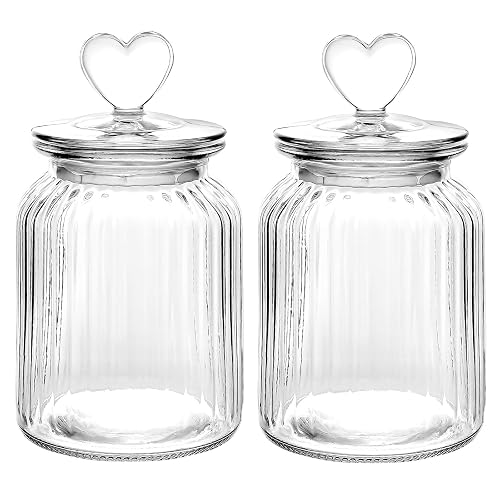 WHJY Set of 2 Airtight Glass Jars Decorative Jars, 32oz Jar of Hearts Cute Cookie Jar Decorative Jars with Lids Candy Jars for Candy Buffet Heart Shaped Lid - Stripes Textured - Stripes Textured