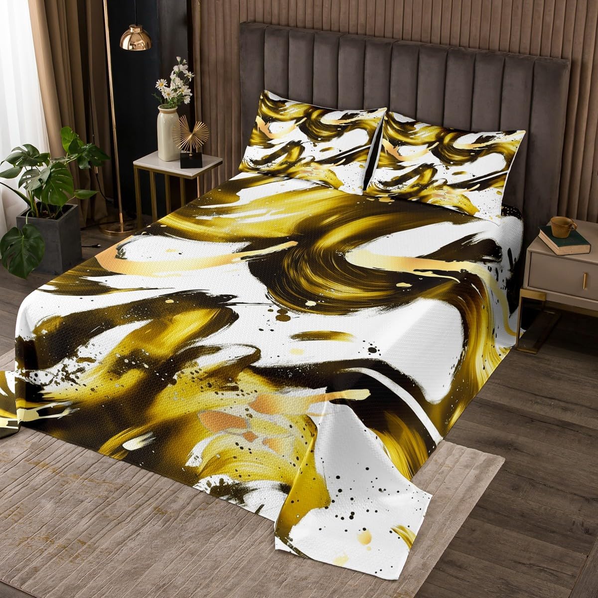 Erosebridal Teal Gold Watercolor Geometric Striped Bedspread Set Queen for Kids Teens Adults,Abstract Modern Coverlet Set,Graffiti Minimalist Line Art Bed Sets,Simple Geometric Sketch Aesthetic Decor