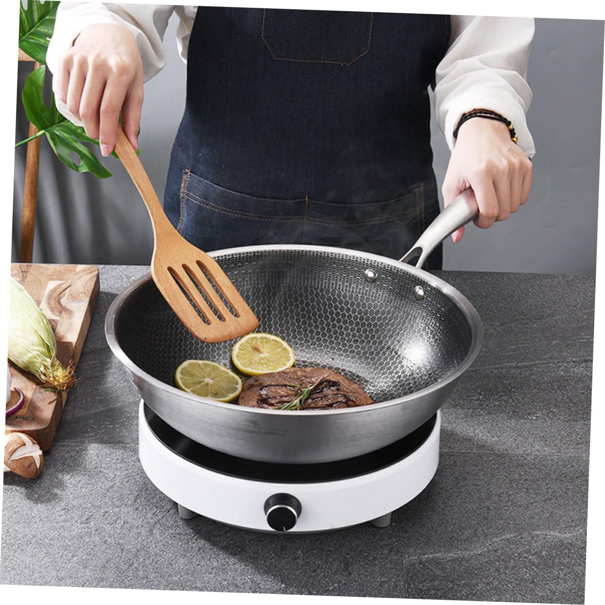 Alipis Stainless Steel Frying Pan Non Stick Wok Pot Honeycomb Stir Fry Pan Cookware Accessories for Gas Stove