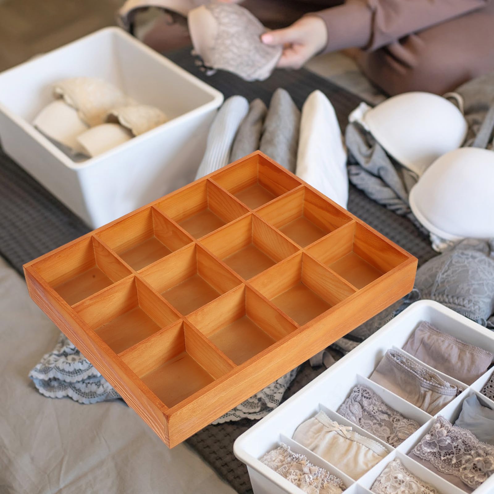 Contenitore Portaoggetti in Legno 12 Scomparti, Organizer per Cassetti di Calzini e Biancheria Intima, Divisorio per Armadio e Bagno per Ottimizzare Spazio e Ordine