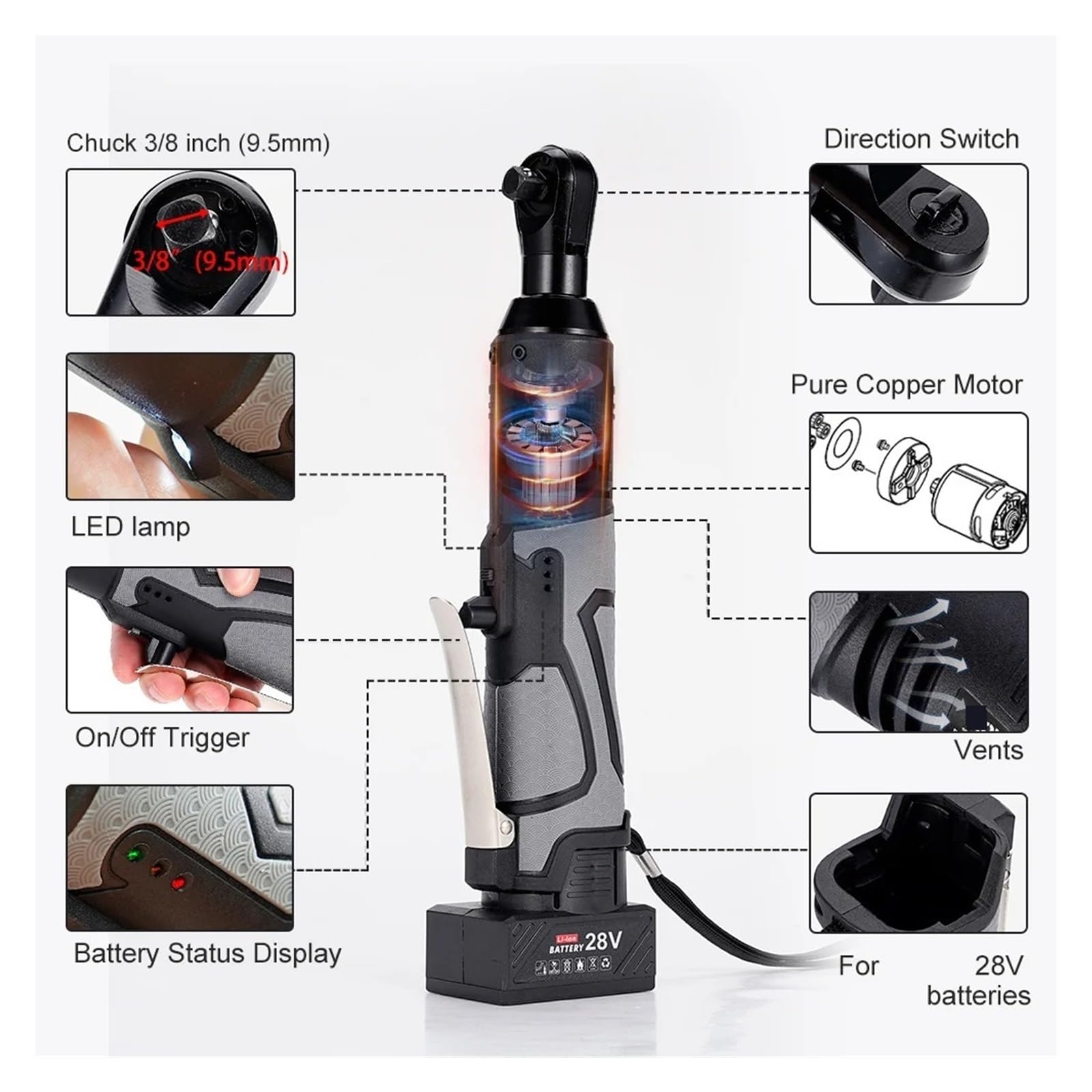 55N. M Cacciavite for trapano angolare con chiave elettrica 3/8''90 gradi Cordless Chiave a cricchetto Impalcatura con 1/2 batteria agli ioni di litio(1 Battery)