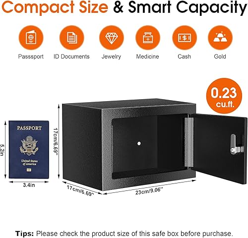 Miniatura 2 de Caja fuerte con cerradura de llave, caja de seguridad de acero, caja fuerte pequeña de 0.23 pies cúbicos para el hogar, dormitorio universitario y