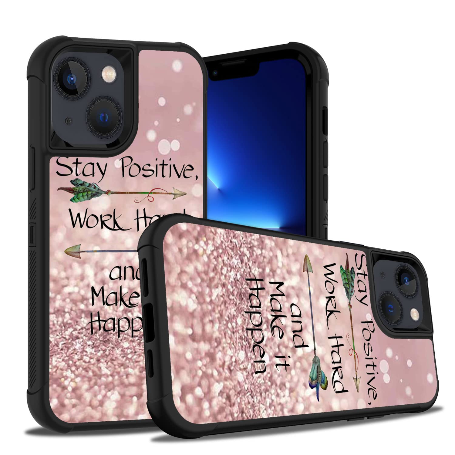 Case for iPhone 13 Mini/iPhone 12 Mini 5.4-Inch, Stay Positive Work Hard and Make It Happen Inspirational Quote Shockproof Heavy Duty Hard Plastic+Soft Silicone Bumper Hybrid Protective Case