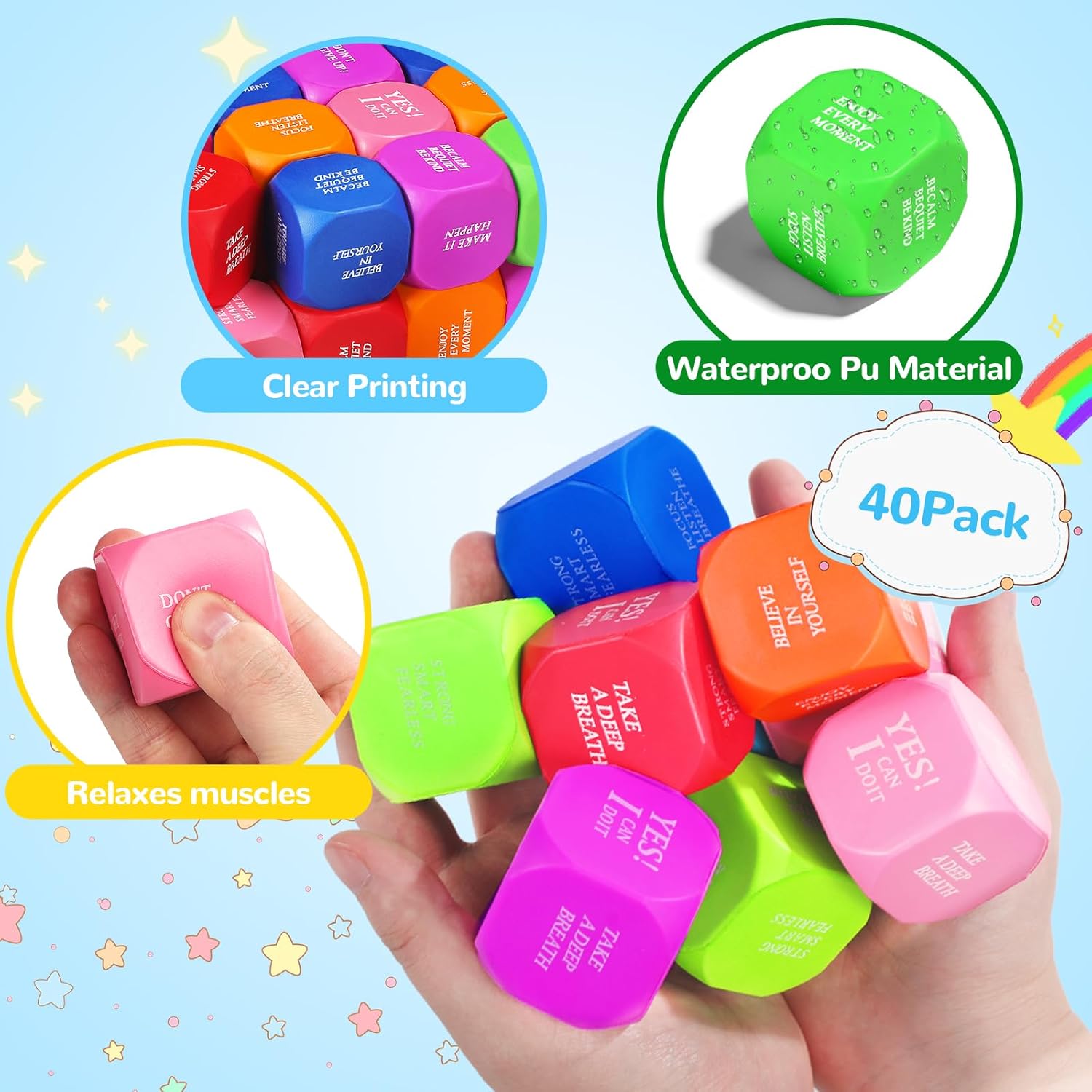 40 Pack Motivational Cube Stress Balls for Adults & Kid, Six Colorful Soft Foam Cube Squeeze Toys with Inspirational Quotes, Anxiety Relief Fidgets for Office Appreciation Gifts, Classroom Rewards