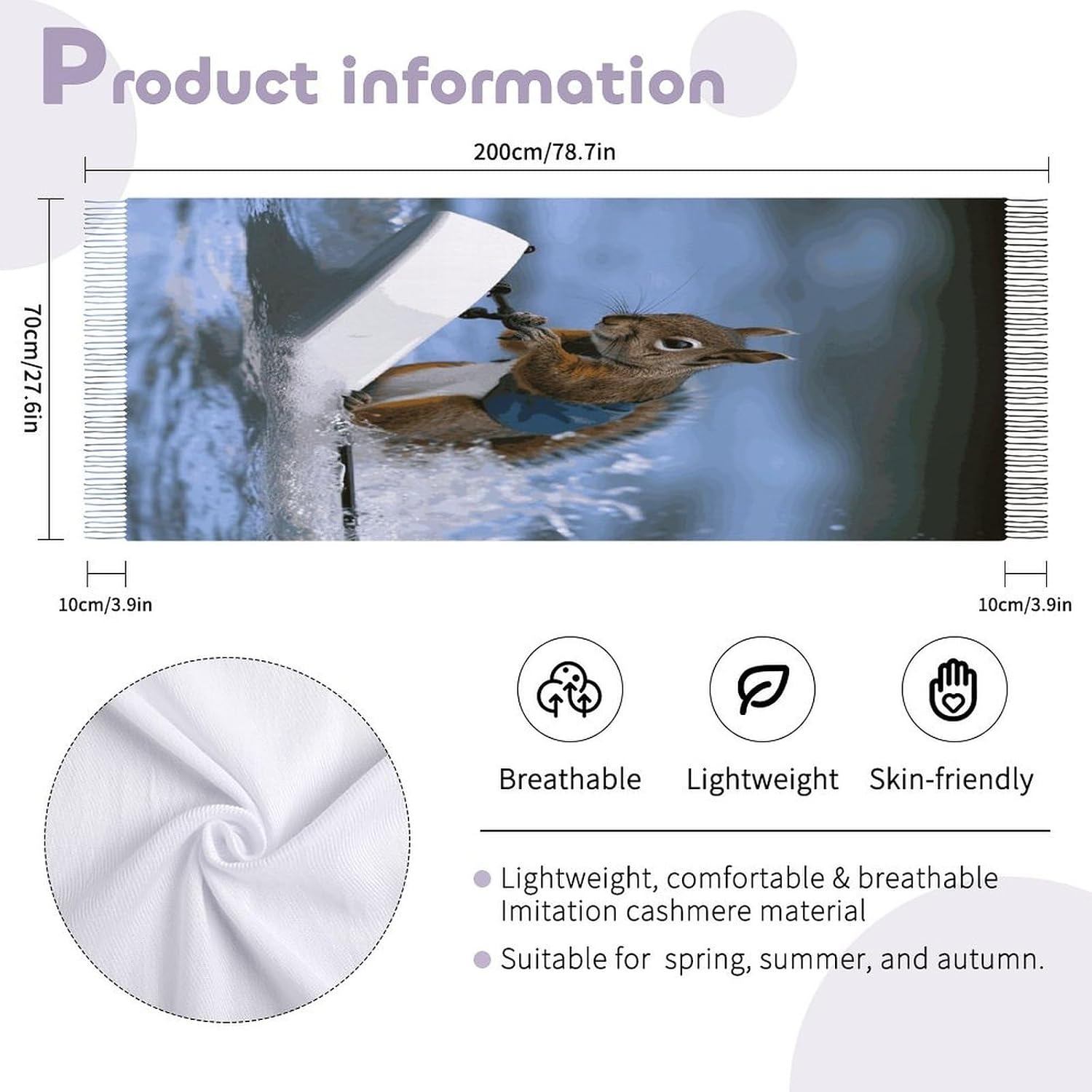 Water Skiing Squirrel Scarf for Women Men Soft Warm Fashion Blanket Scarves Classic Cashmere Feel Scarf Long Shawl Large Scarves Cold Weather Thick Blanket Scarfs
