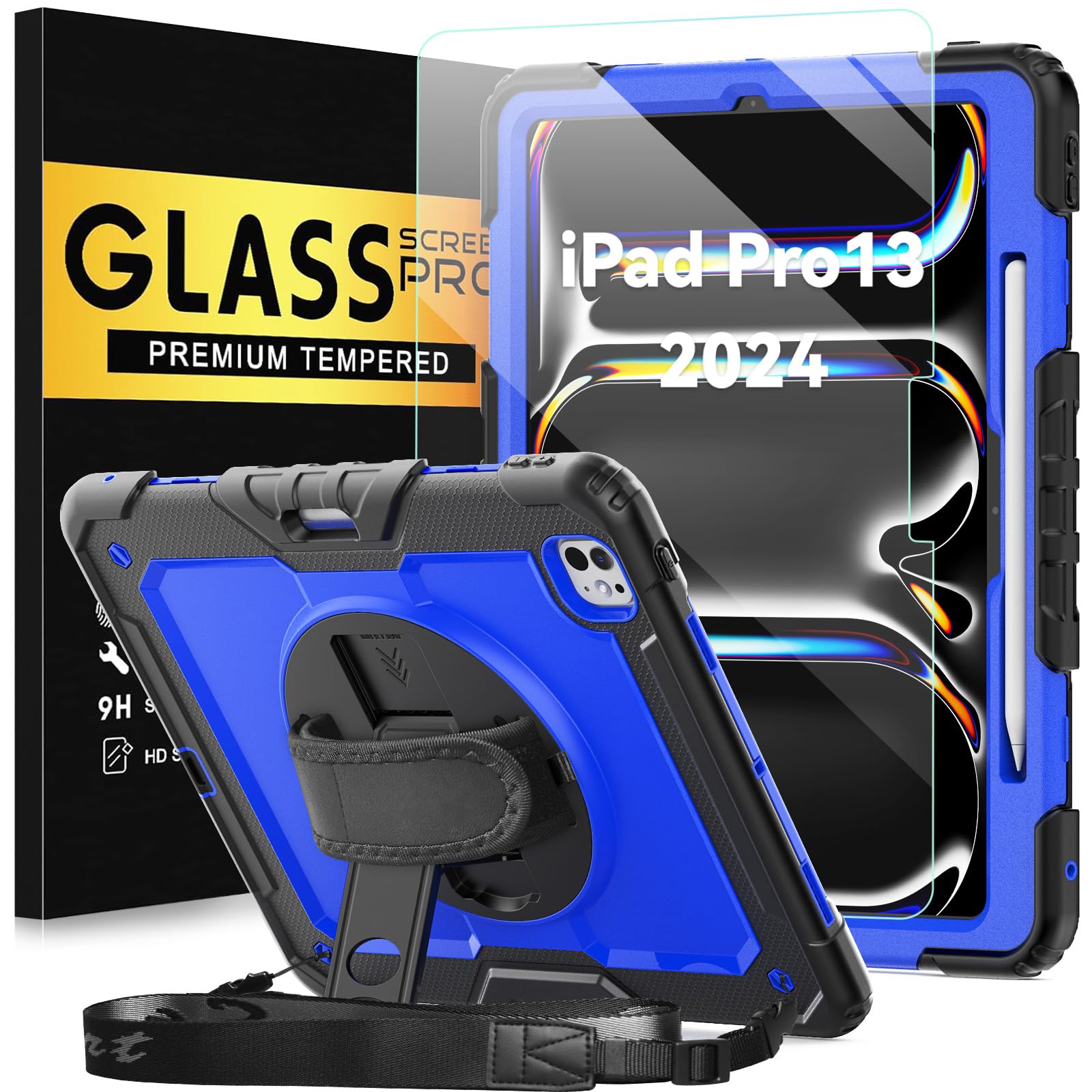 BLOSOMEET Protective Case for iPad Pro 13 Inch M4 with Tempered Glass Screen Protector & Pencil Holder,Blue Fashionable Cover for 2024 iPad Pro 13"