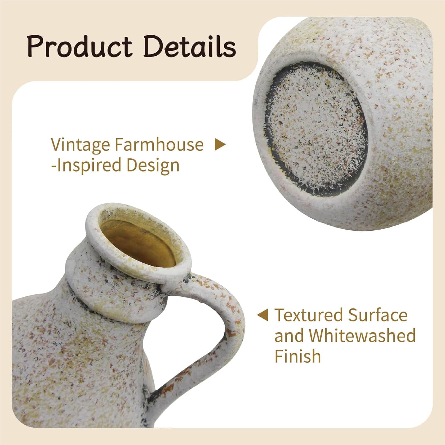 Rustic Ceramic Farmhouse Flower Vase, Whitewashed Ceramic Clay Decorative Vase for Fresh and Dried Flowers, Home Decor Accent for Table, Living Room, and Shelf (S1) - Image 4