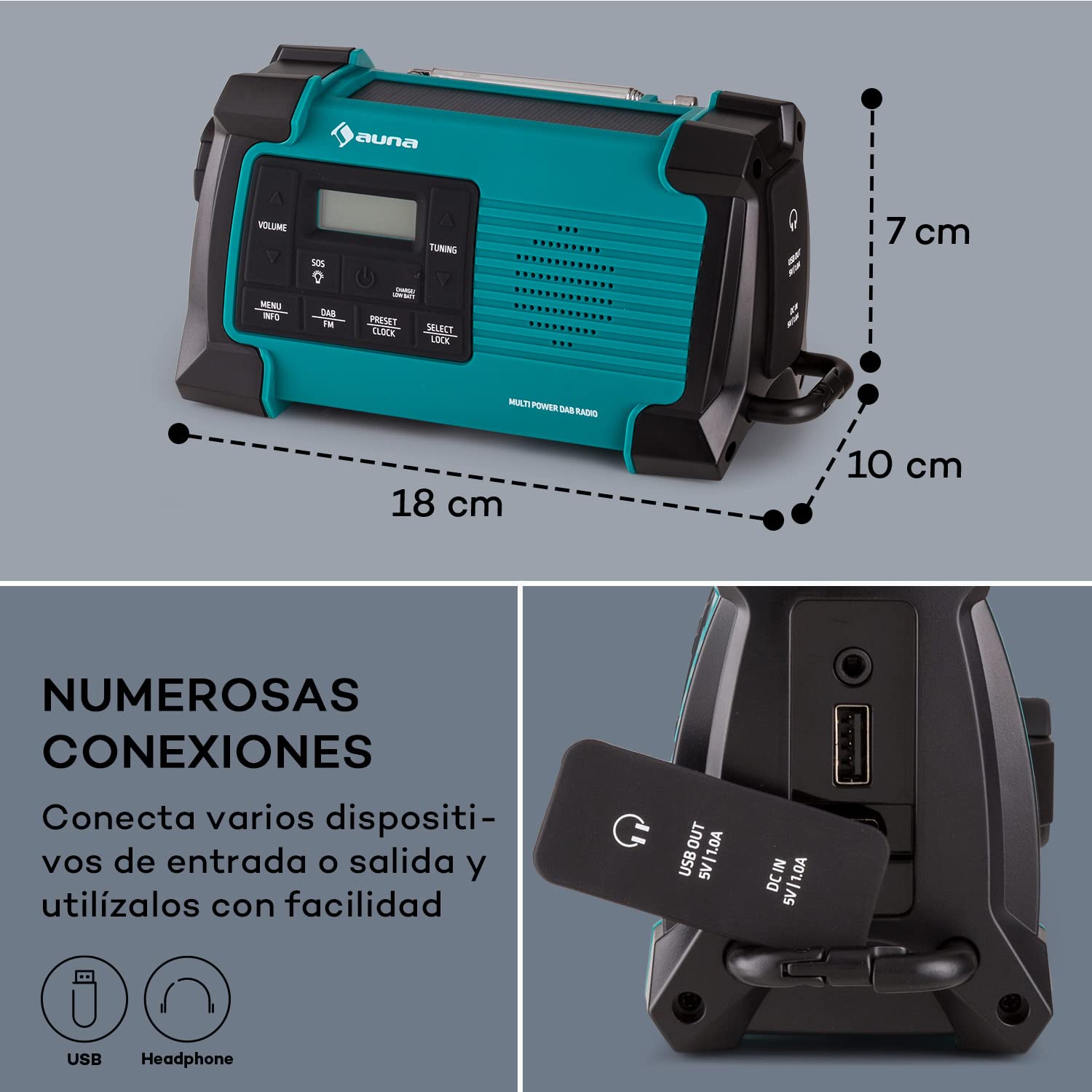 Auna Radio Portatil Pequeña Dab, FM/Dab/Dab+, Radio con Bluetooth, Altavoz Estéreo AUX Potencia con Pantalla LCD, Potencia 1W, Entrada Auriculares,Transistores Digital Entrada USB y Alarma