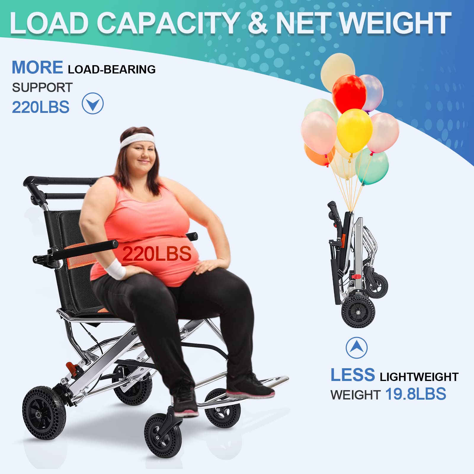 Silla de ruedas, silla de ruedas plegable ligera, sillas de ruedas de viaje portátiles, con marco plegable, freno de mano, silla de ruedas de aluminio para adultos y personas mayores, soporta 220