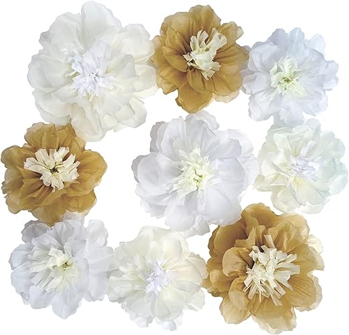 Miniatura 1 de Mybbshower Flor de papel de oro blanco de 10 a 6 pulgadas para decoración de pared del hogar, decoración de pared del hogar, 9 unidades