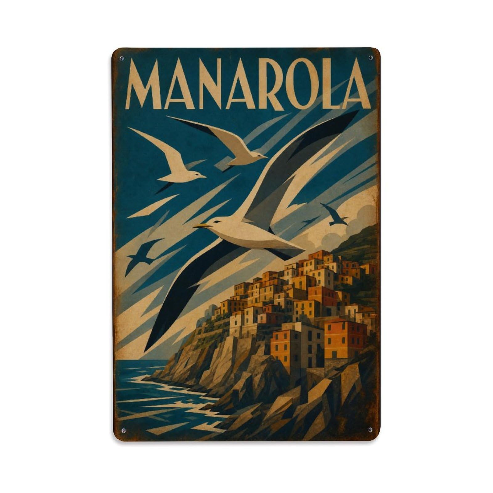 Huiyhb 8X12inch(20X30cm) Vintage Travel Manarola Seagulls Flying Coastal Birds Italy Metal Tin Sign