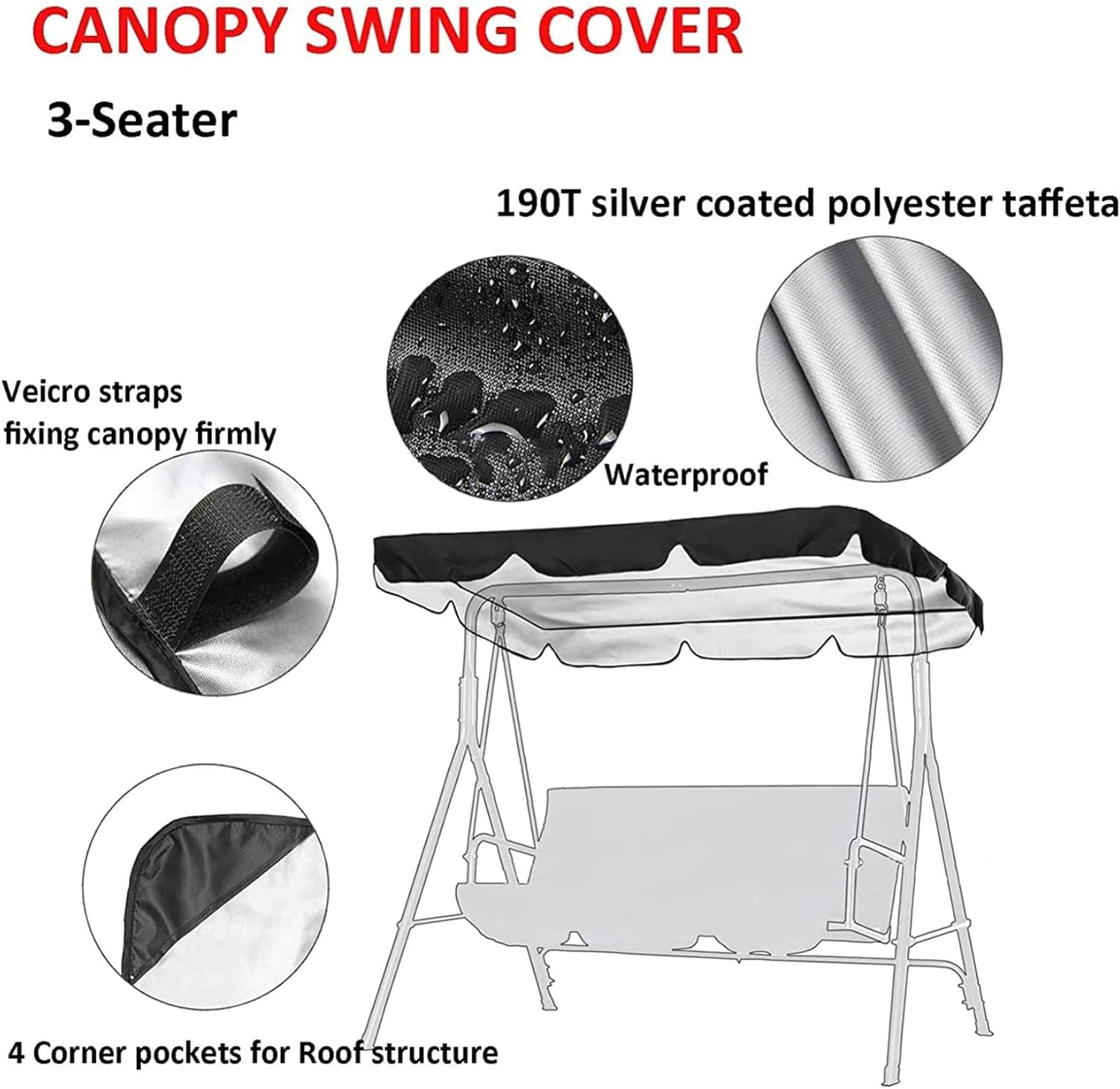Outdoor Swing Canopy Replacement Cover & Swing Cushion Cover 3 Seater, Waterproof Garden Seater Sun Shade Porch Hammock Patio Swing Cover