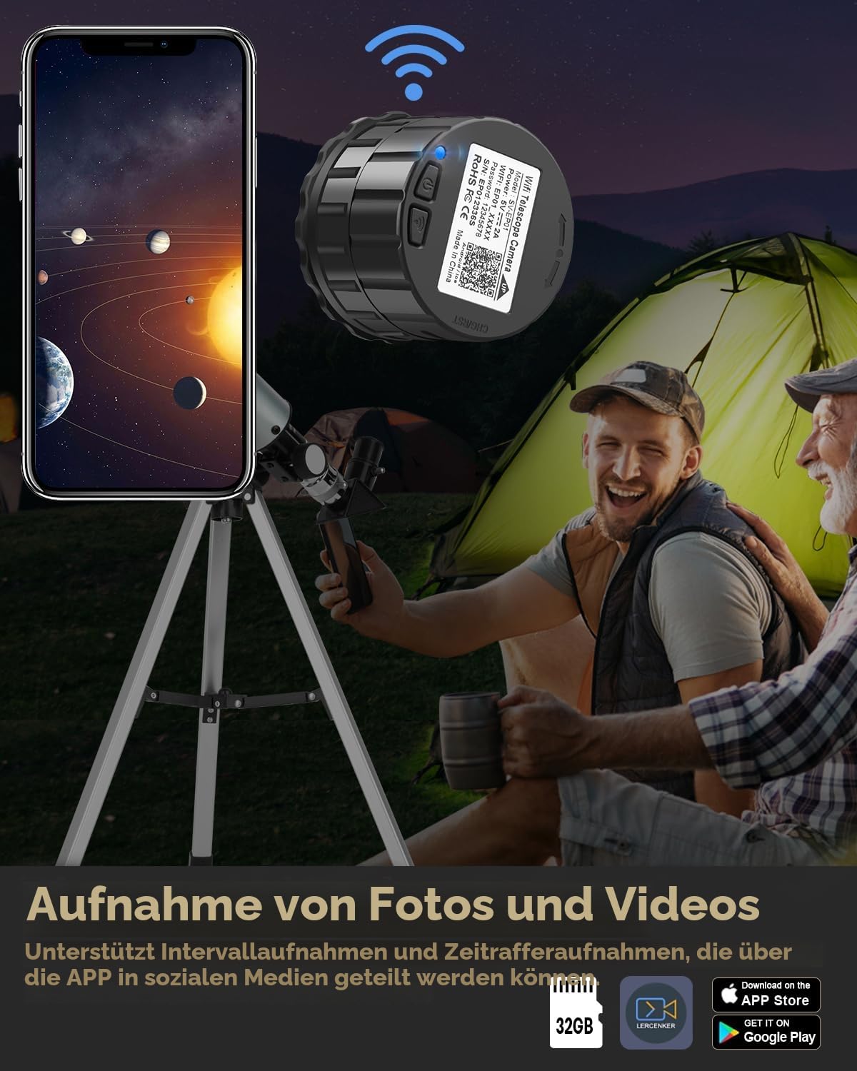 EVISTR Elektronische WiFi-Teleskop-Okularkamera, 4 Millionen Pixel HD kabelloses digitales Teleskop-Okular, tragbare Vogelbeobachtungs-Spektivkamera, Mikroskop-Okular für 25-mm-50-mm-Ziel