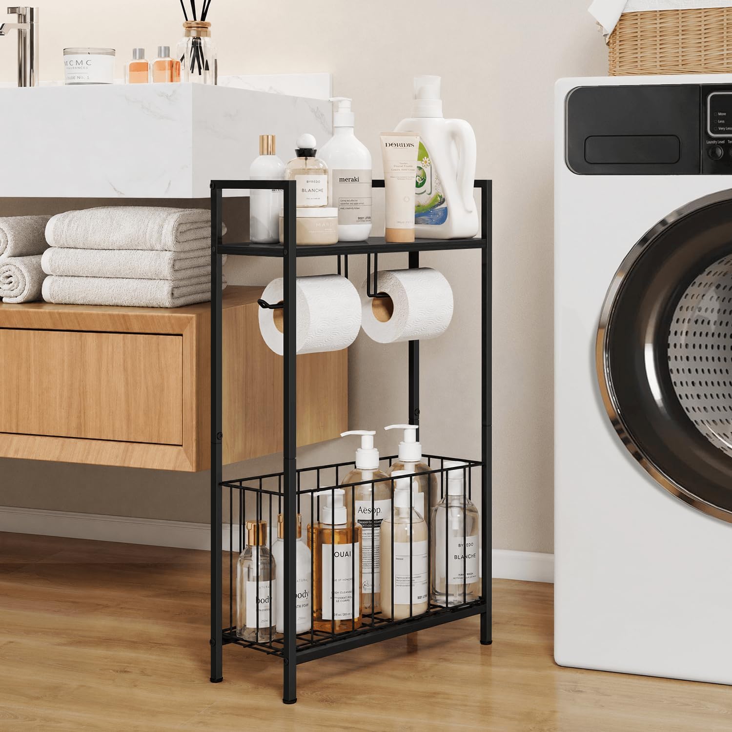 Free Standing Toilet Paper Holder Stand with Storage, Black image 3