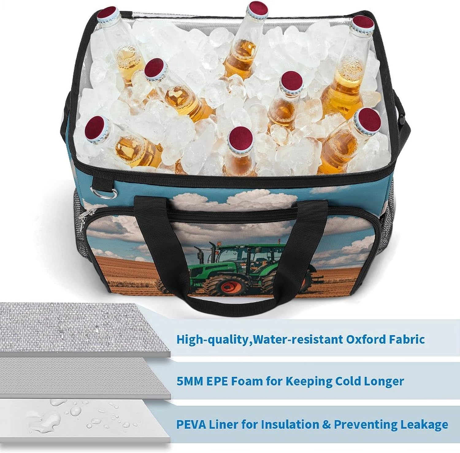 Insulated Picnic Backpack Tote Bag, Large Capacity 30L Tractor Under Blue and White Clouds Cooler Bag Leakproof Beach Bags Portable Lunch Box Waterproof Picnic Basket for Beach Camping BBQ