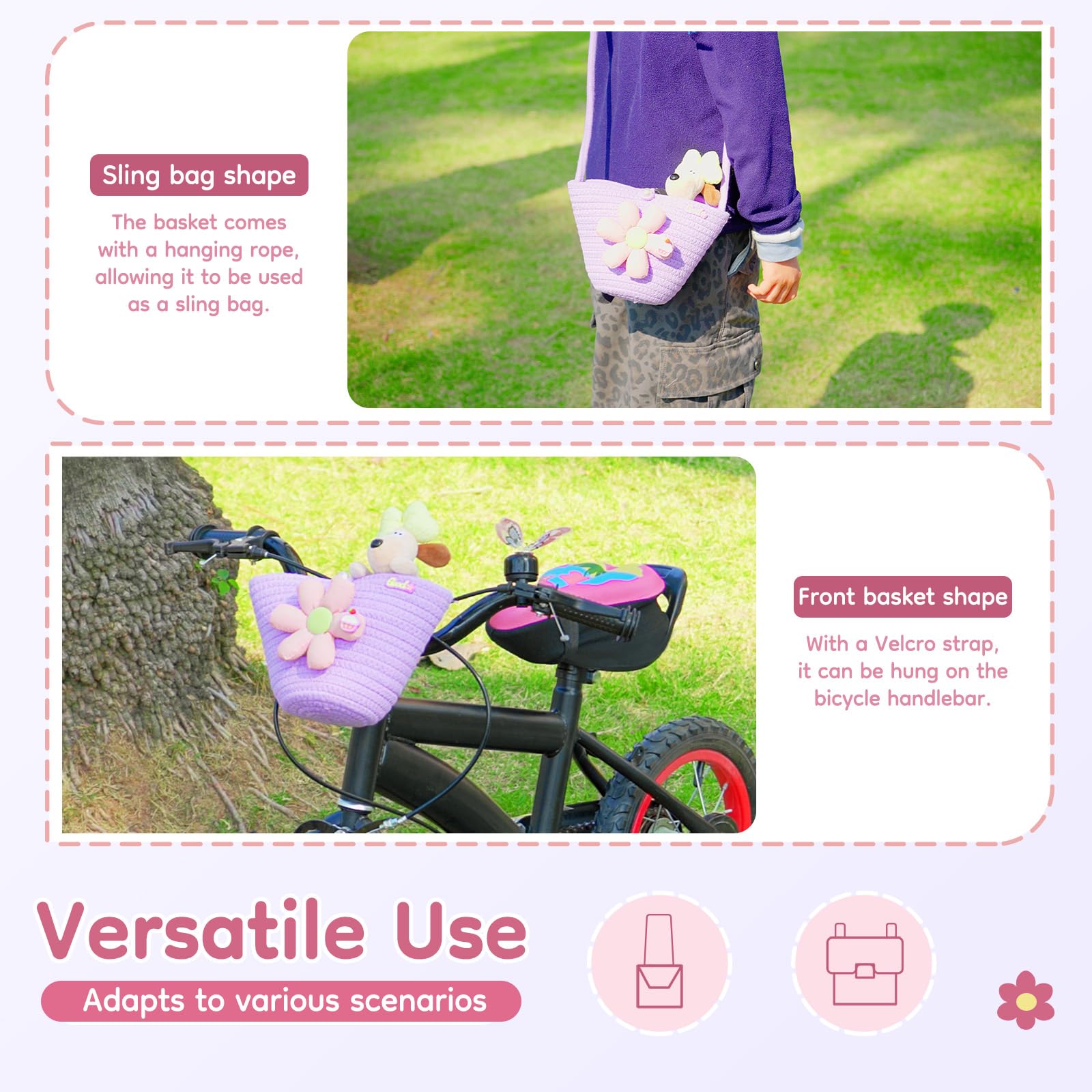 Kids Bike Basket, Bicycle Baskets for Girls, Toddler Bike Basket with Bike Bell, Bike Accessories Set, Bike Handlebar Bag Woven with Sisal Rope, Cute Basket for Kids Bikes Scooters