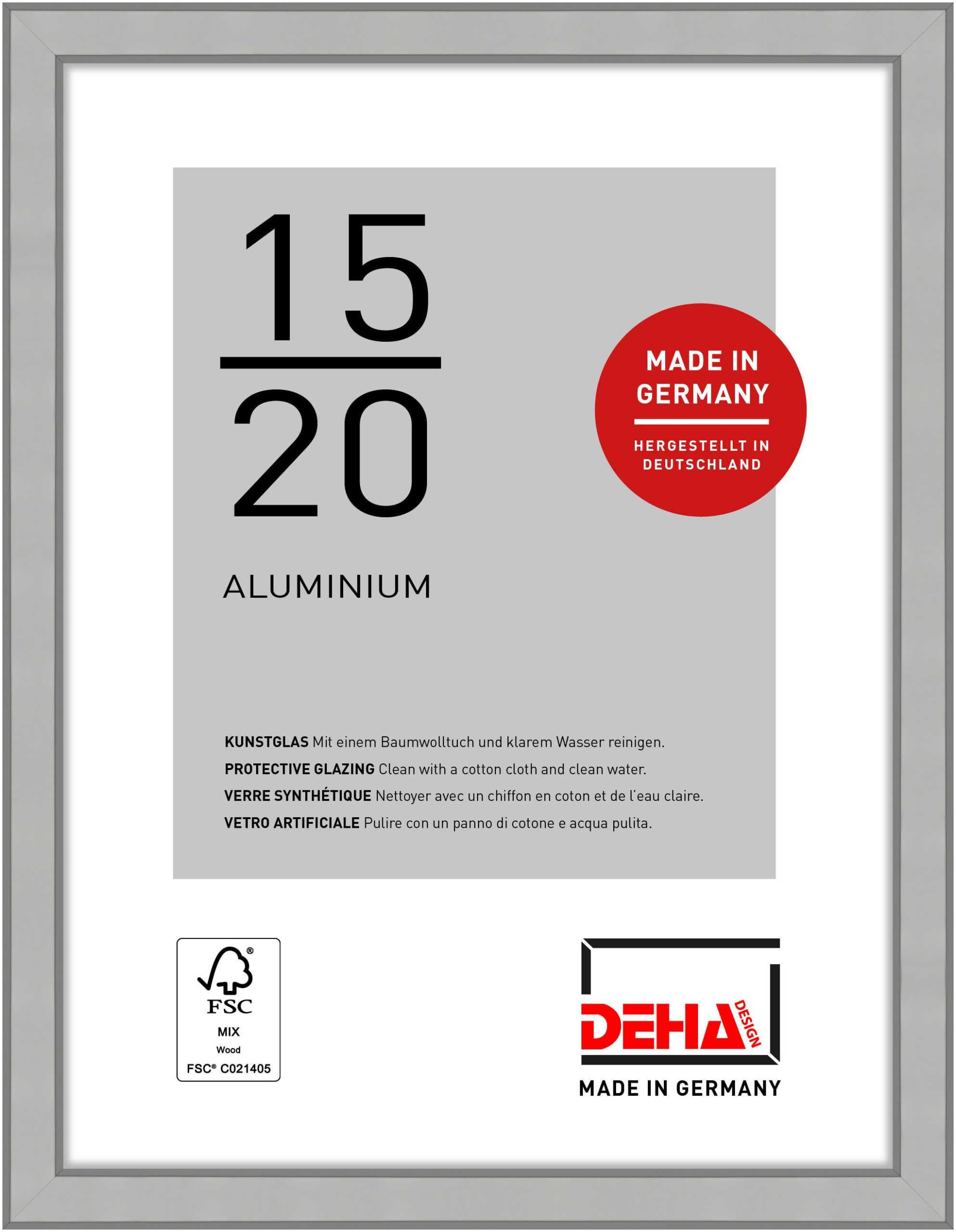 DEHA Design Boston Aluminium Picture Frame - 15x20 cm (6x8 in) – Frosted Silver - with Synthetic Glass and Push/Turn Clips