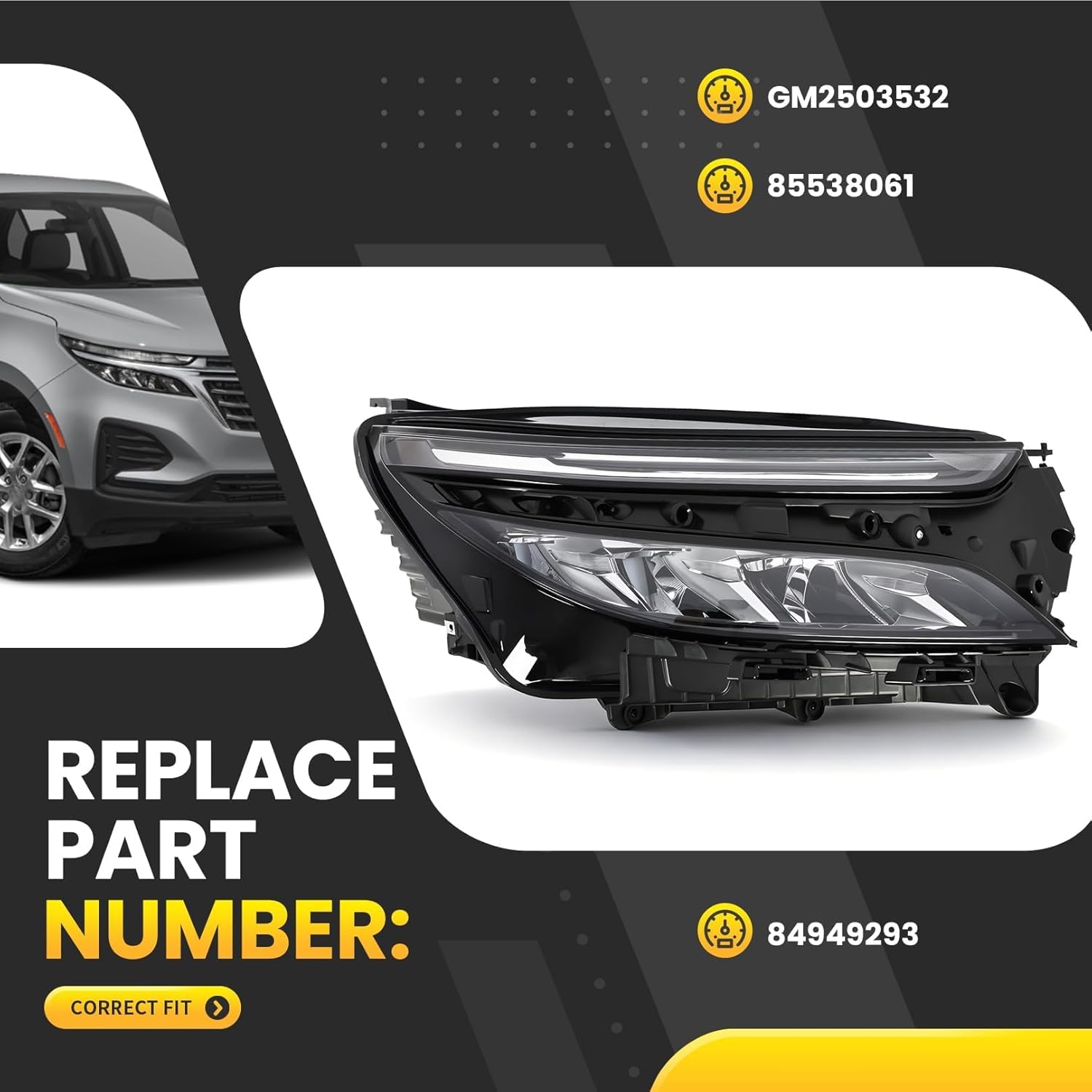 Passenger Side Hedalight Assembly Compatible with Equinox LT/RS 2022-2024 Front Right Headlamp w/DRL GM2503532
