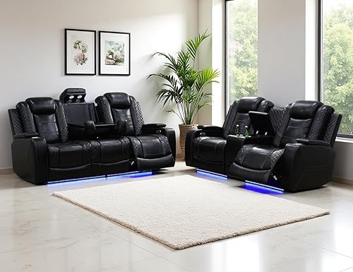 Miniatura 56 de Juego de sofá reclinable eléctrico, juego de sofá reclinable de cine en casa, sofá biplaza reclinable de cuero transpirable con Debut negro,Negro