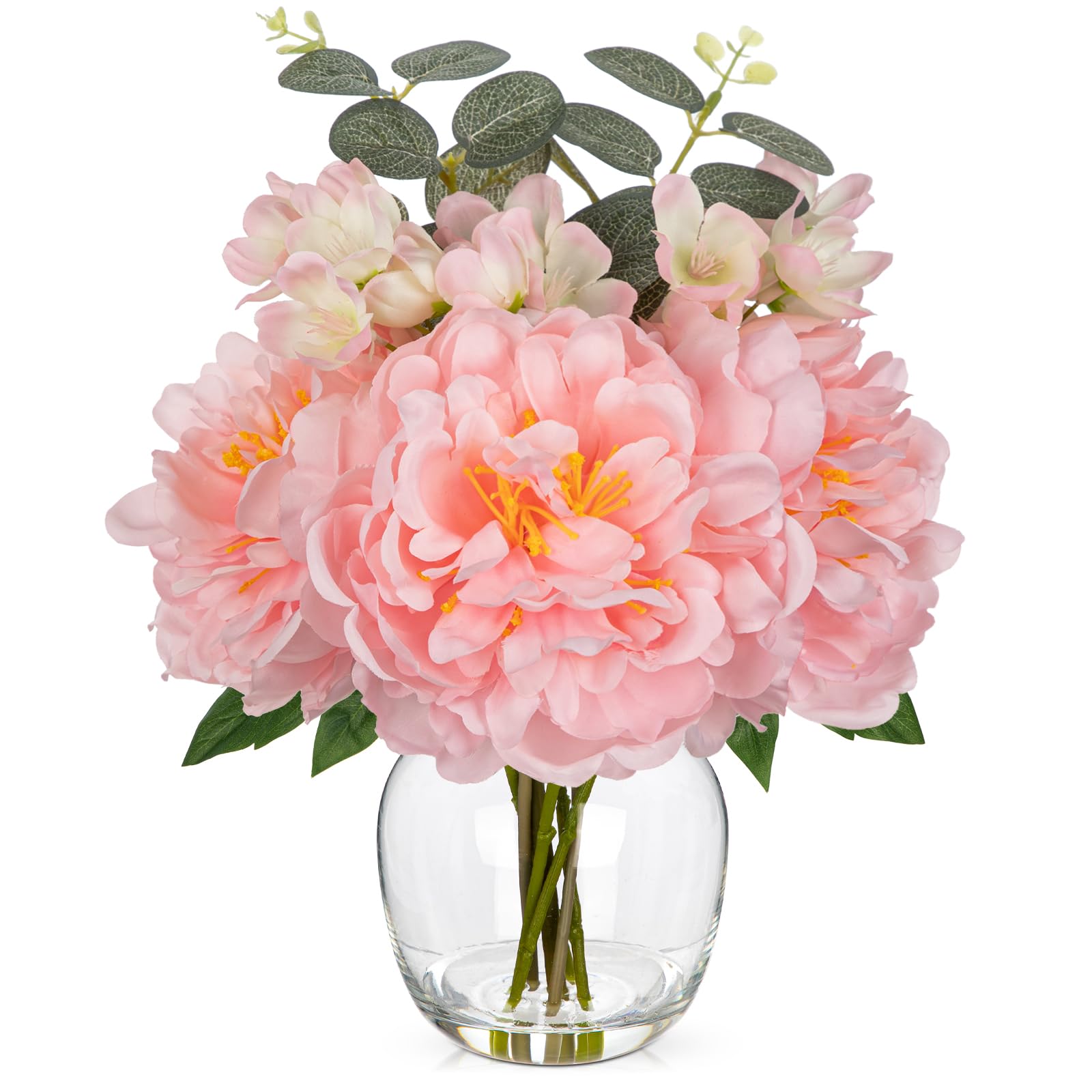 Oairse Artificial Peony Flowers in Glass Vase with Faux Water, Realistic Silk Flower Arrangement with Vase, Pink Peonies Flower Table Centrepiece for Living Room Bedroom Office Home Decorations