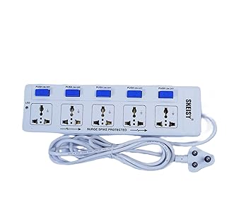 Skeisy EXT505 5 Socket 5 Switch Cord WIITH Capacity UP to 10AMP 2.5 MTR Wire 5 Socket Extension Boards (White, Blue, 2.5 m)