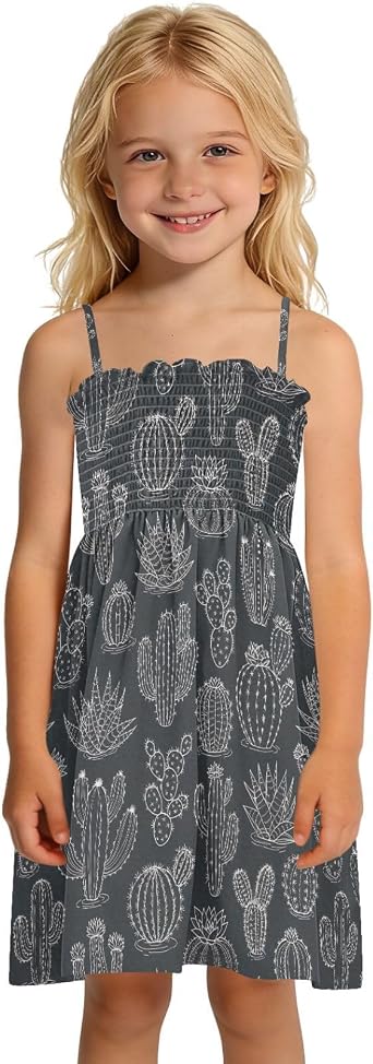 Exnundod Girls' Casual Dress Smocked Spaghetti Strap Dress Cactus Pattern Design Sleeveless Sundress 2-8T