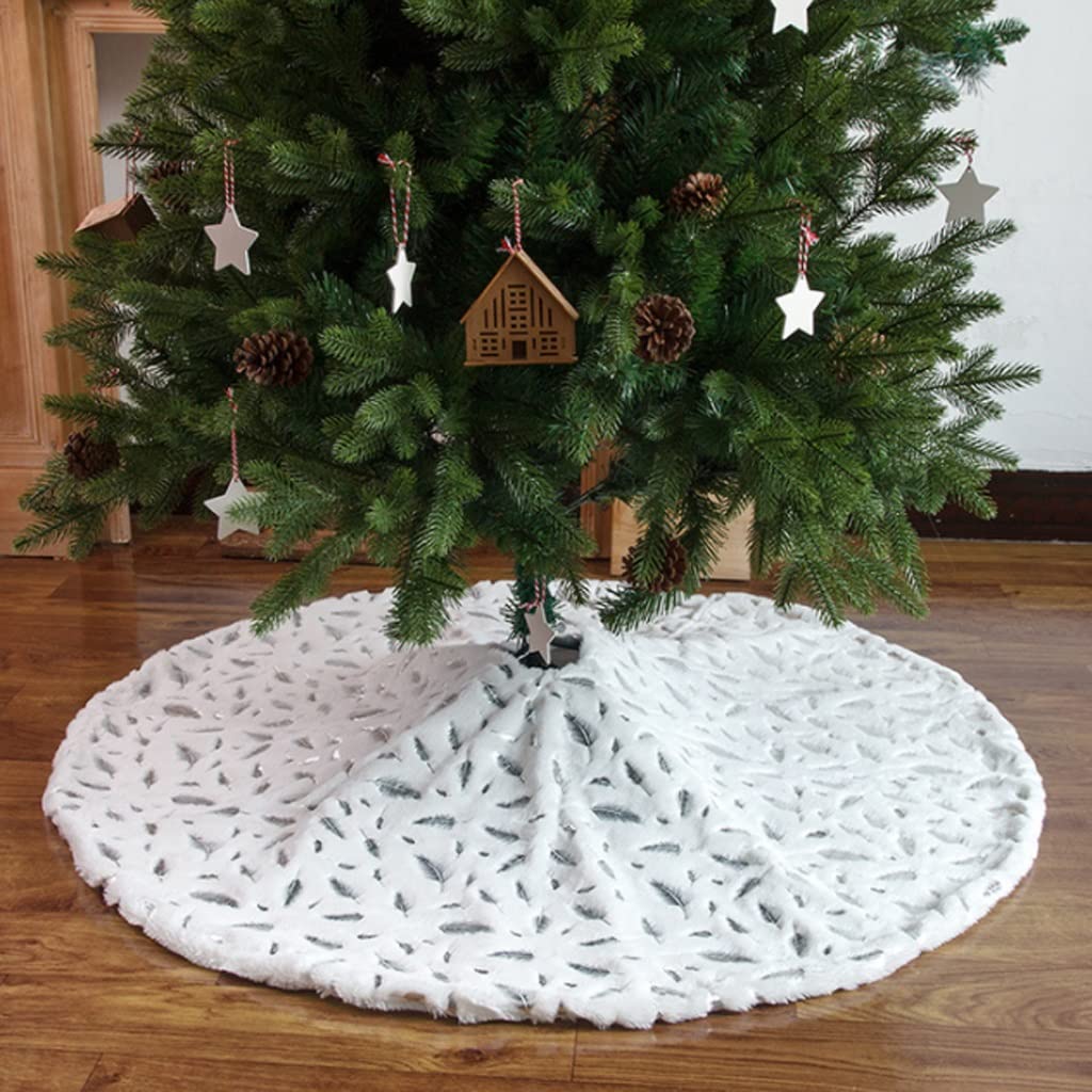 Spódnica Pod Choinkę Choinka Spódnica, Choinki Mat, Snowy White Faux Futro Spódnica Spódnica Dla Xmas Wakacje Domowe Dekoracje Ozdoby Mata Pod Choinkę(Silver feather,90cm)