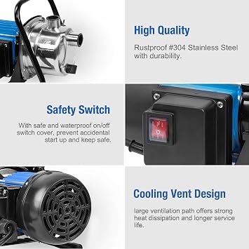 FLUENTPOWER 1HP Portable Garden Transfer Pump, 900GPH Electric Sprinkler Booster Pump, Shallow Well Jet Pump for Home Lawn Irrigation and Water Draining