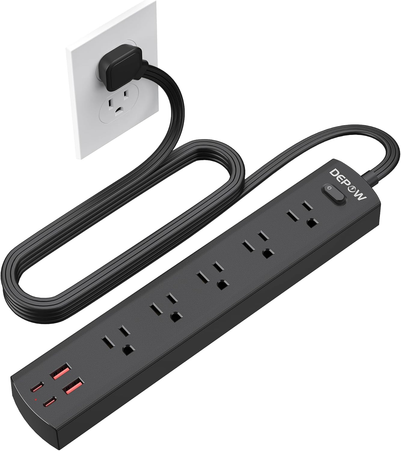 DEPOW Black Surge Protector Power Strip, Ultra Thin 5 Ft Flat Plug Extension Cord, 1700 Joules, 5 Widely Spaced Outlets with 4 USB Ports (2USB-C), 1625W/13A, Wall Mount for Home Office, Black