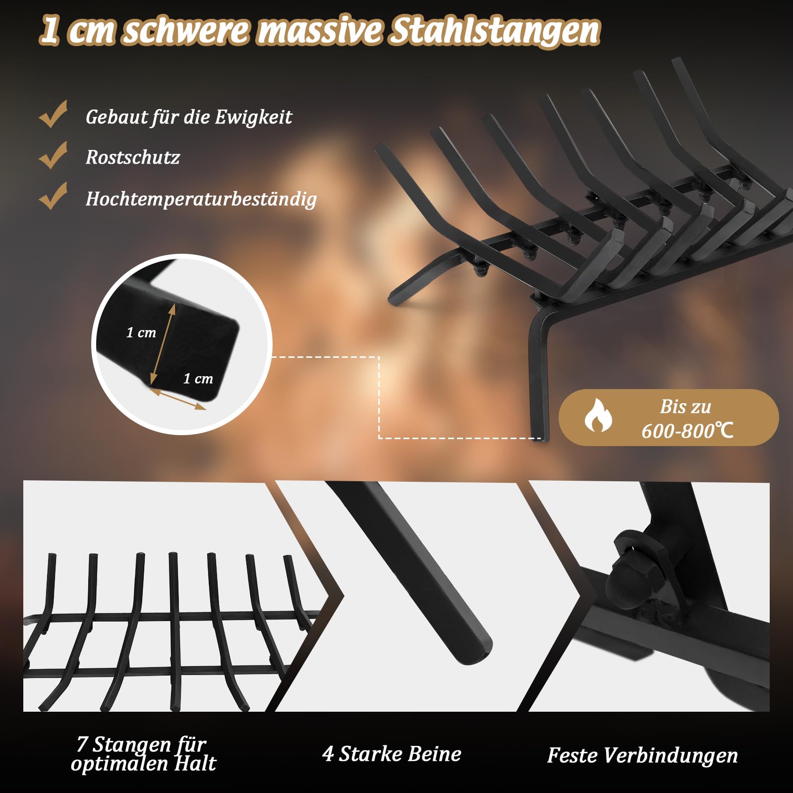 GOPLUS Ruszt na drewno kominkowe 46 cm, wytrzymały ruszt z kutego żelaza, uchwyt na drewno opałowe z 7 metalowymi drążkami, kozioł z nóżkami, obciążenie do 50 kg, do użytku wewnątrz i na zewnątrz
