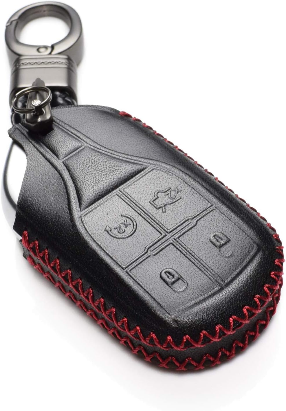 Genuine Leather Keyless Smart Key Fob Case Cover Compatible with Maserati Ghibli, Levante, Quattroporte (Remote Start, Black/Red)