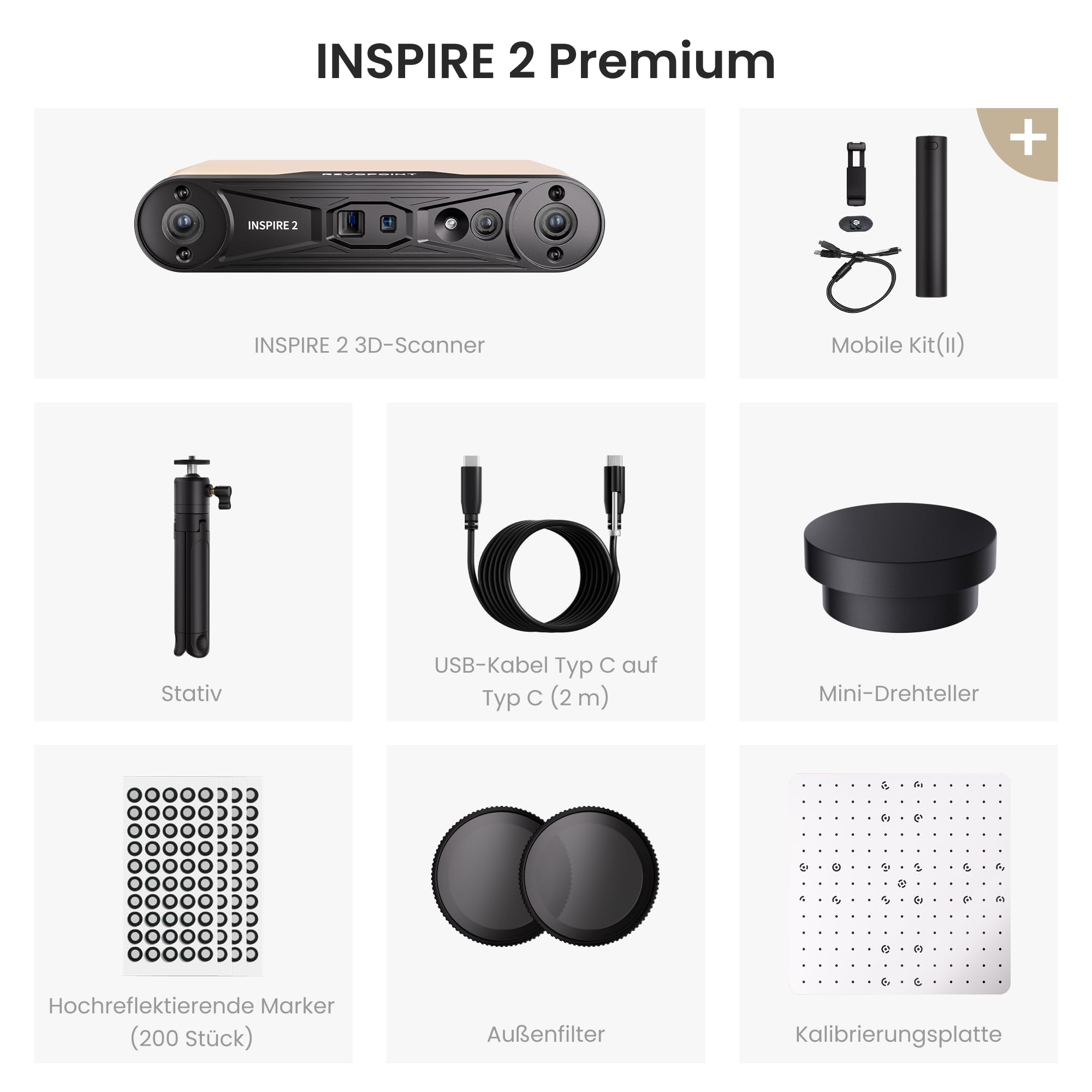 Revopoint Inspire 2 3D-Scanner, bis zu 0,03 mm Präzision, Premium | Mehrstrahl-Laser & Strukturiertes Licht, Scannen im Freien & Kabelloses Scannen, Vollfarbscans, Optischer Zoom, 190g
