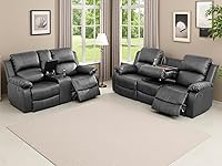 Vista 41 de Juego de 2 sofás reclinables manuales de cuero sintético, juego de sofá reclinable para sala, muebles modernos para sala con portavasos/consola