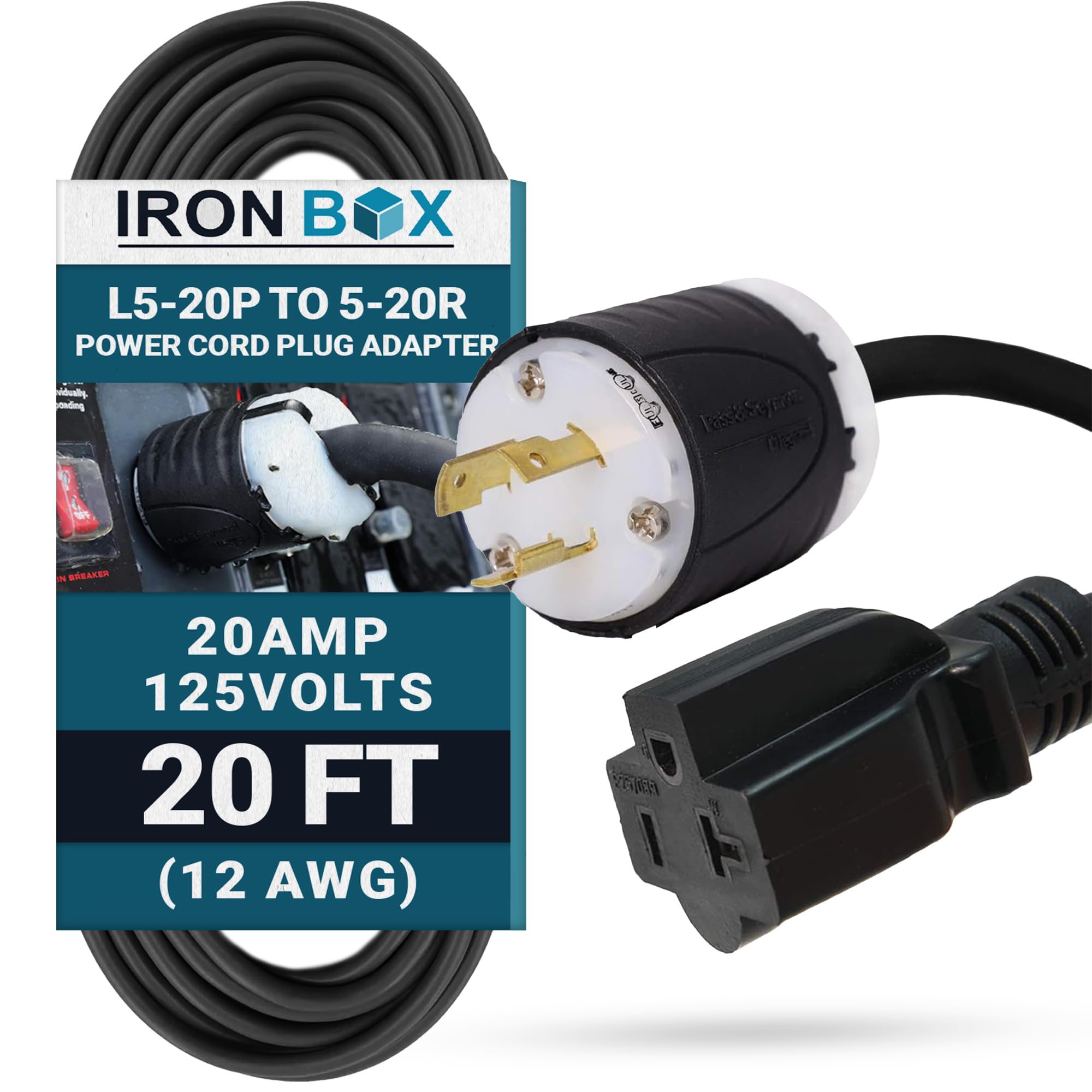 IronBox Electric NEMA L5-20P to 5-20R Power Cord Plug Adapter - 20A, 125V,12 AWG - UL Listed Heavy Duty Adapter Cable for Generator, Data Centers,